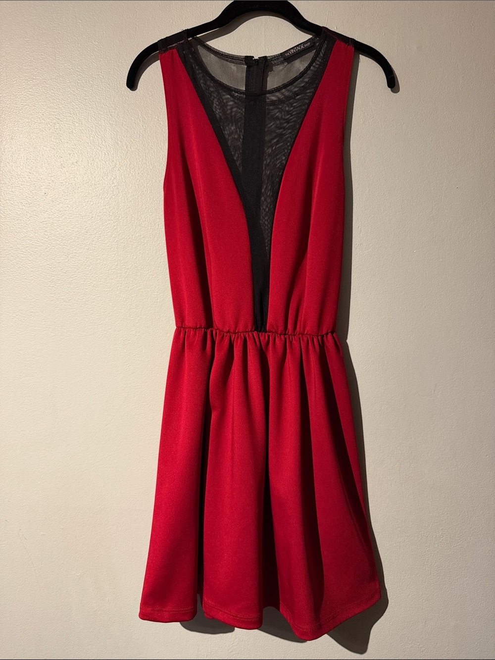Red Sleeveless V-Neck Skater Dress with Black Mesh Inset